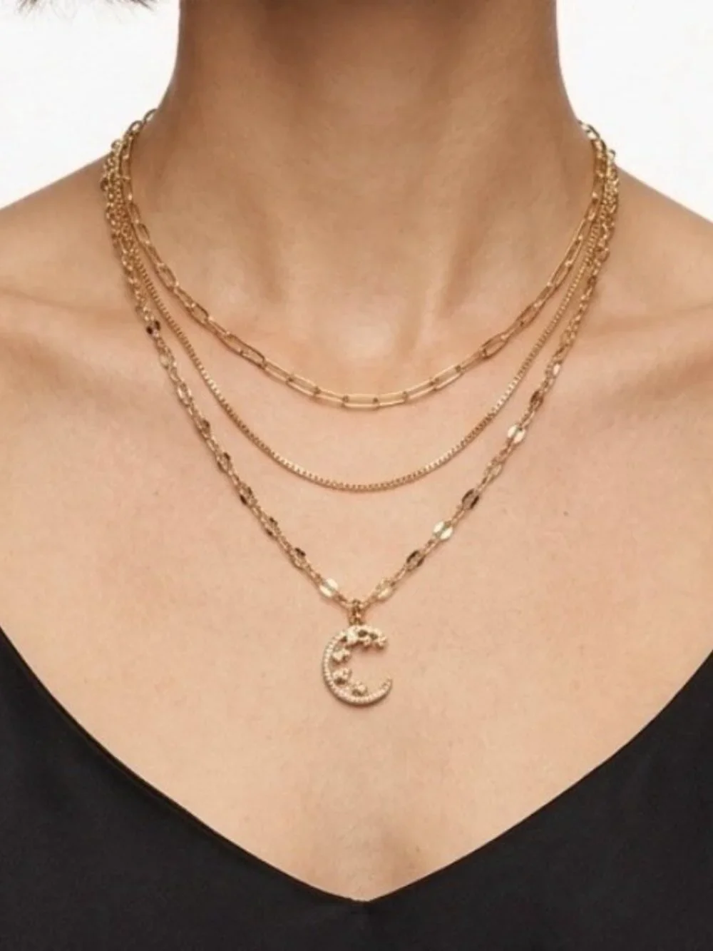 18K Gold Plated 3pc Layered Moon Chain Necklace Stainless Steel Womens Jewelry